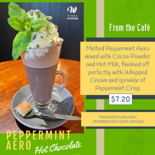Peppermint Aero Hot Chocolate available in our cafe