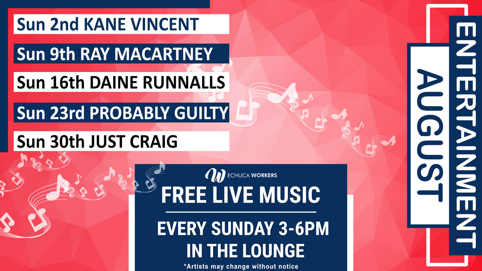 Live music at Echuca Workers during August
