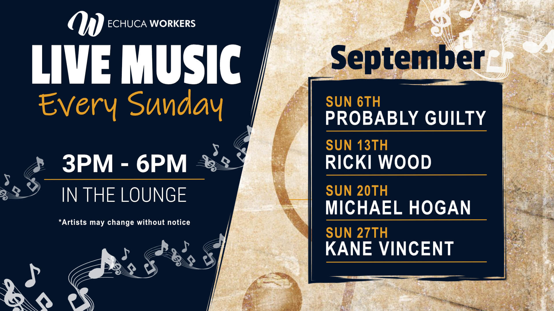 Live music at Echuca Workers during September